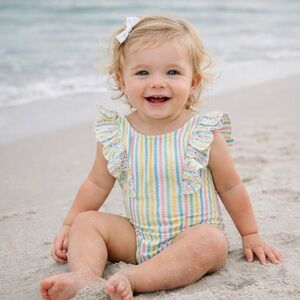 Baby‎ Girl Swimsuit 12M Little Me Ruffle Pastel Striped One Piece